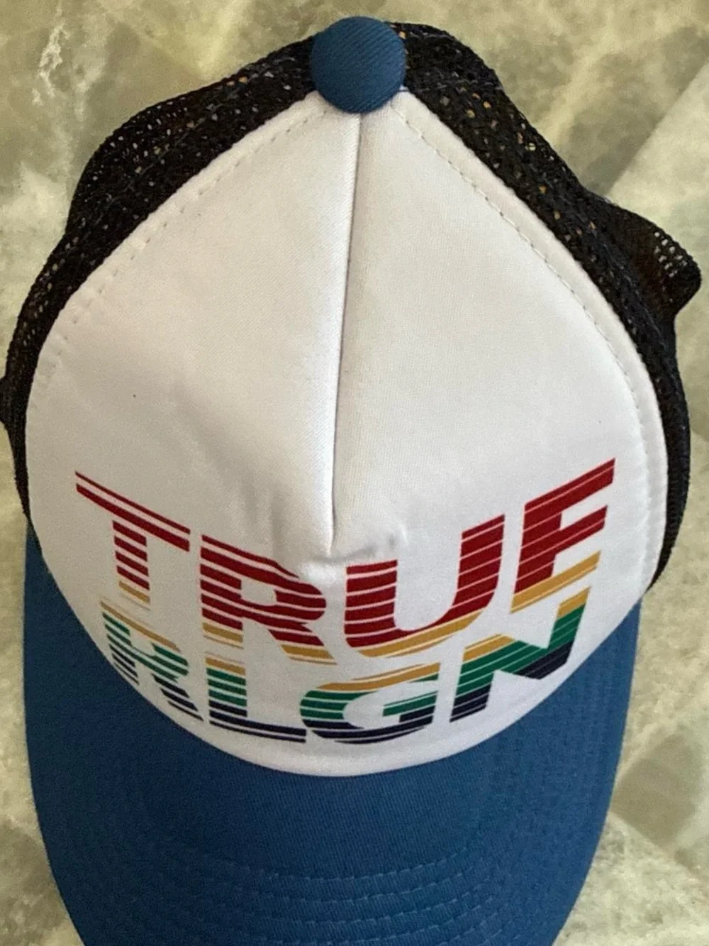 New True Religion White & Blue 🌈 Trucker Hat with Rainbow Logo